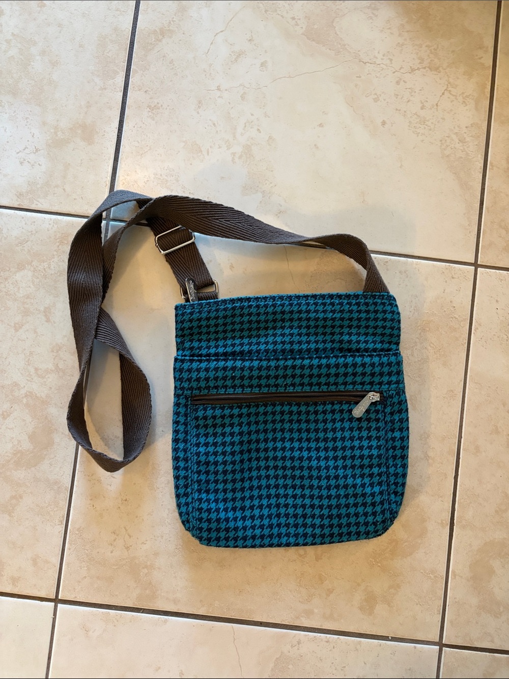 Teal Houndstooth Crossbody Bag with Brown Strap